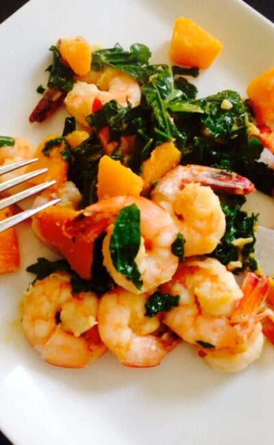 Easy Shrimp, Kale, and Butternut Squash Saute - a 21 Day Fix dinner recipe from ConfessionsOfAFitFoodie.com