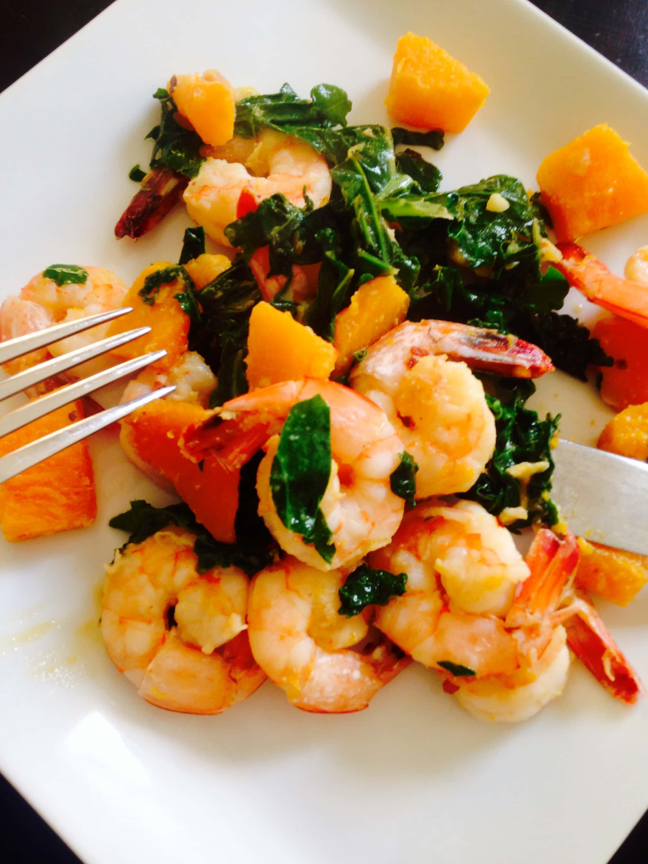 Easy Shrimp, Kale, and Butternut Squash Saute