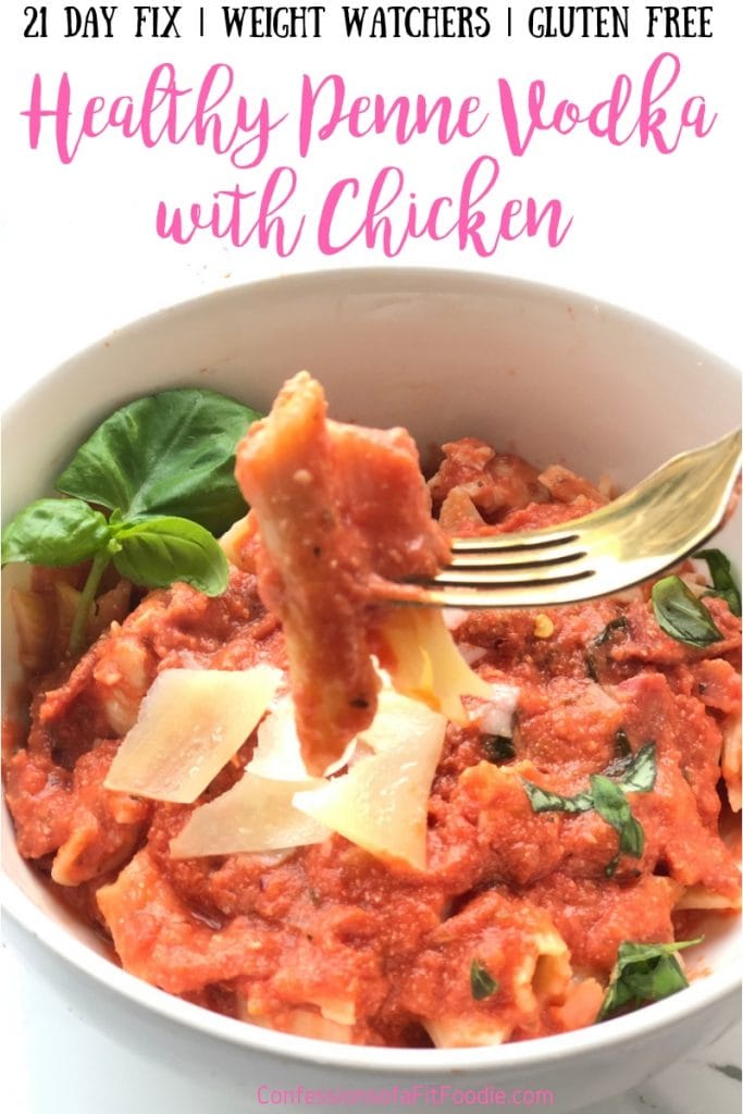 This Healthy Penne Vodka Sauce with Chicken recipe is one of my FAVORITE 21 Day Fix Meals and my husband couldn't agree more! Made with Greek yogurt or Coconut Cream instead of heavy cream, this lightened up version still has a TON of flavor! I love having this with grilled chicken or even some shrimp. We eat it with noodles, but feel free to leave the penne out and eat it with zoodles. YUM! Ultimate Portion Fix Recipes | 21 Day Fix Recipes | Healthy Vodka Sauce | Confessions of a Fit Foodie | Gluten-free Pasta | Weight Watchers Pasta Recipes #ultimateportionfix #confessionsofafitfoodie #weightwatchersrecipes #21dayfixpasta