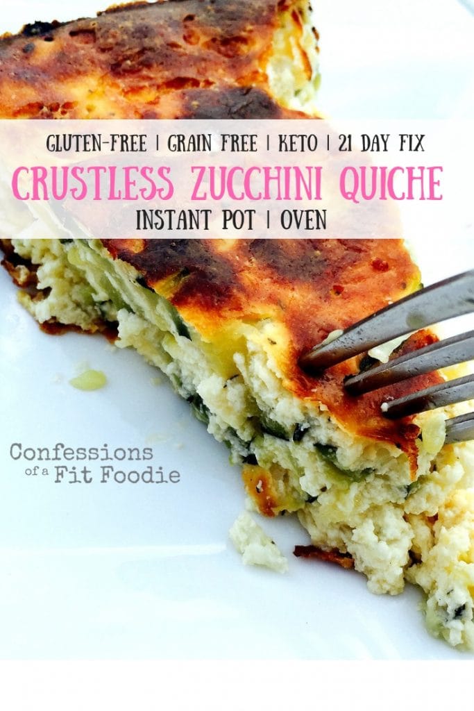 Crustless zucchini quiche is the perfect 21 Day Fix recipe for breakfast, brunch, lunch, or a light dinner! Fluffy eggs, 2 kinds of cheese, onion, and fresh garden zucchini are baked together in this healthy meal.