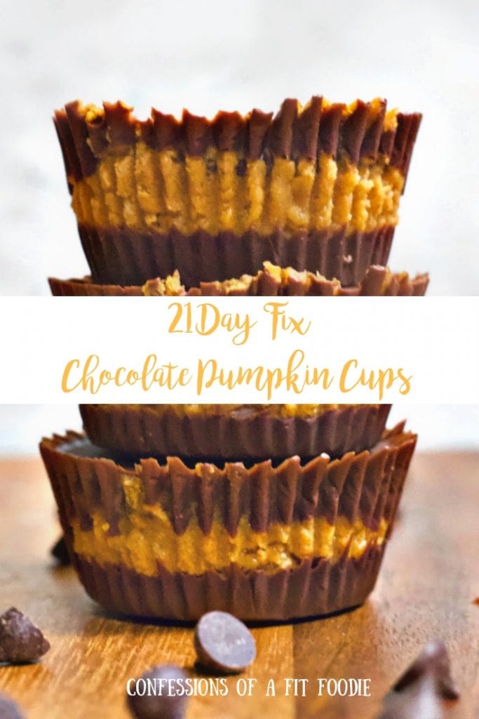 The 21 Day Fix Chocolate pumpkin cups are a clean, delicious treat that blends together my two favorite fall flavors - pumpkin and chocolate!  You can use Shakeology or Cocoa Powder to make these 21 Day Fix approved fall treats. #21dayfix #healthytreats #confessionsofafitfoodie