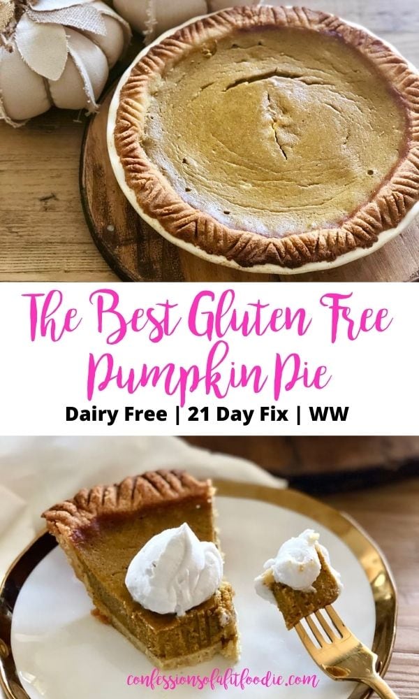 A piece of Healthy Pumpkin Pie is on a white plate rimmed with gold. A piece of pie is on a gold fork and the rest of the pumpkin pie is set in the background. The pie is topped with coconut cream. The Best Gluten Free | Dairy Free | Refined Sugar Free | Healthy Pumpkin Pie | 21 Day Fix | WW | Paleo | Confessions of a Fit Foodie