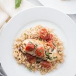 Overhead Shot of Caprese Chicken over Brown Rice