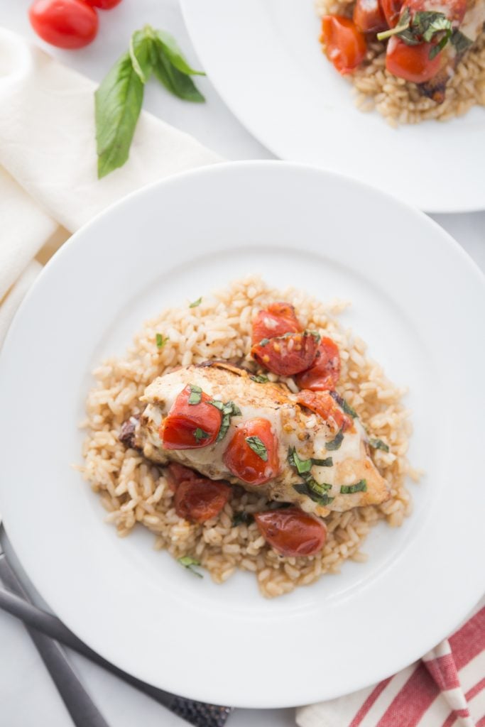 Overhead Shot of Caprese Chicken over Brown Rice