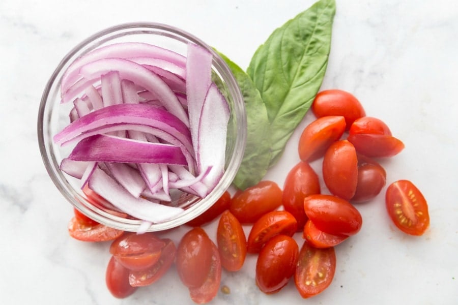 Red onion, basil, and cherry tomatoes 