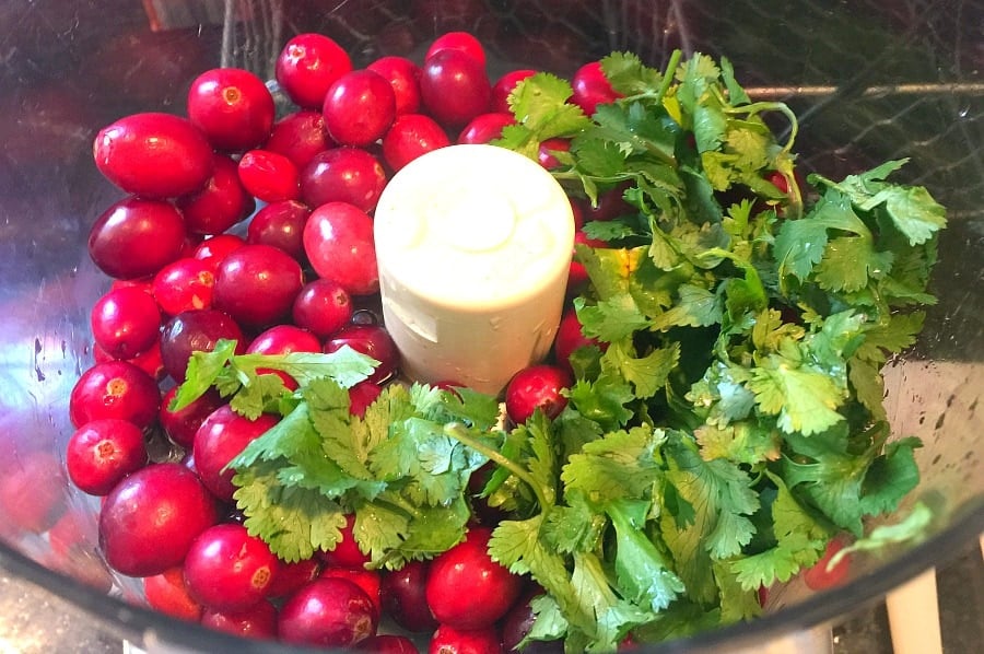 Whole Cranberry Salsa ingredients in the food processor 
