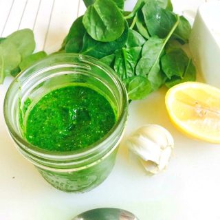 A simple and delicious twist on Pesto using Spinach in place of Basil as the main green - perfect for 21 Day Fixers who have trouble getting in their veggies!