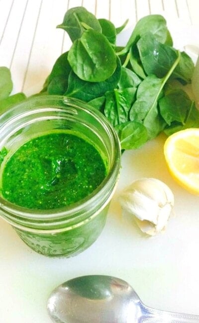 A simple and delicious twist on Pesto using Spinach in place of Basil as the main green - perfect for 21 Day Fixers who have trouble getting in their veggies!