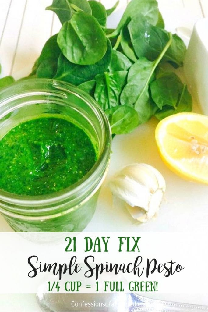 A simple and delicious twist on Pesto using Spinach in place of Basil as the main green - perfect for  21 Day Fixers who have trouble getting in their veggies!   