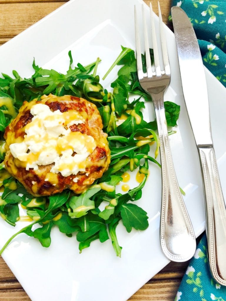 Simple and Delicious 21 Day Fix approved Turkey Burger with Warm Goat Cheese and a Citrus Maple Dijon Dressing! Delish!
