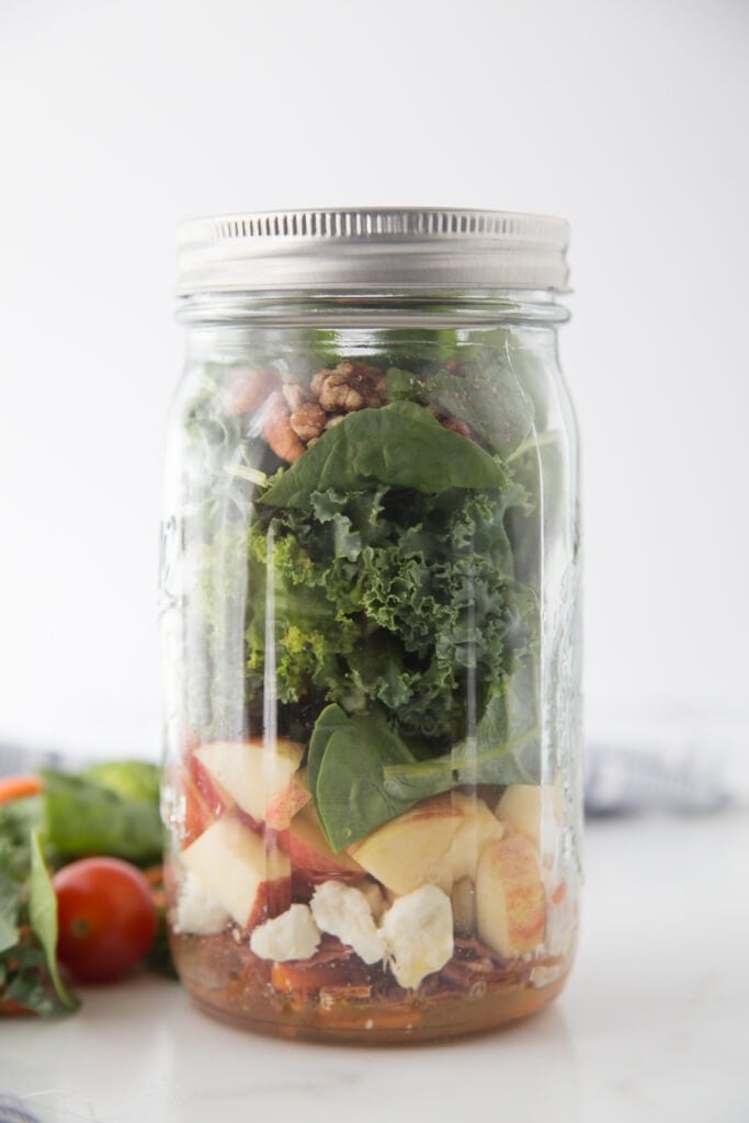 Kale Feta Meal Prep Mason Jar Salad - Cooking With a Full Plate