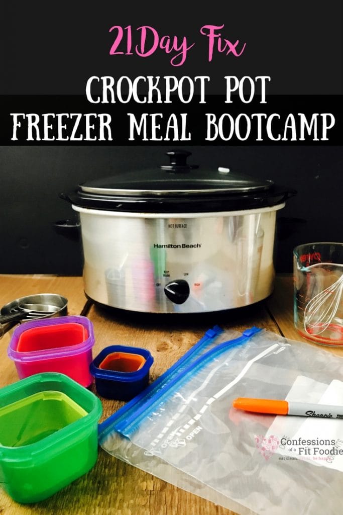 Supplies needed for make ahead freezer meals with pink and white text at the top of the photo. Text says, 21 Day Fix Crock Pot Freezer Meal Bootcamp | Confessions of a Fit Foodie