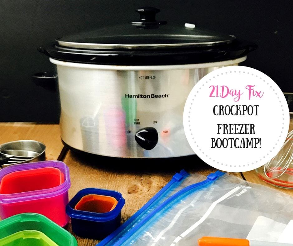 Crock pot with kitchen tools on a wooden surface. Black and pink text on a white circle - 21 Day Fix Crock Pot Freezer Bootcamp
