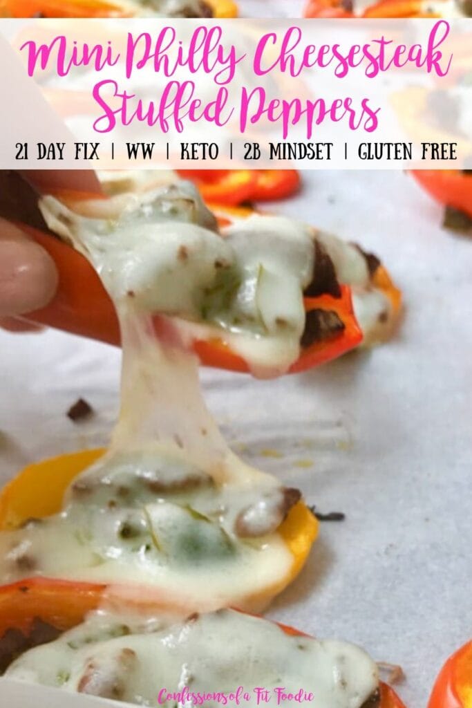 Pinterest Image with Text overlay for Mini Philly Cheesesteak Stuffed Peppers