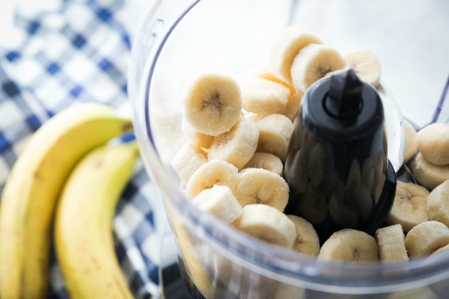 Sliced bananas in a food processor 