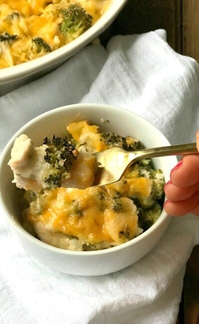 Small bowl of cheesy chicken and broccoli casserole