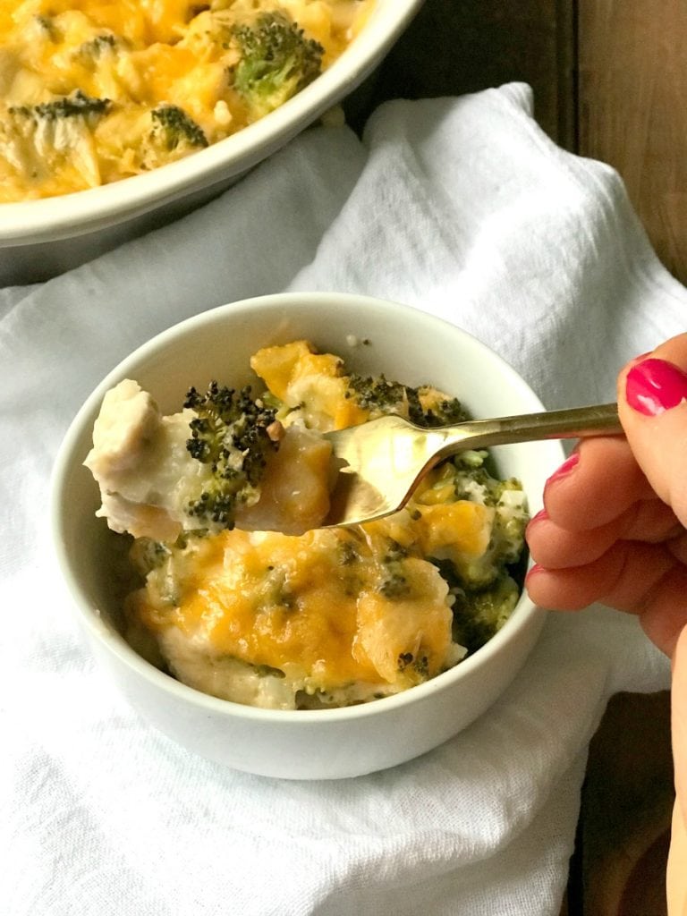 Small bowl of cheesy chicken and broccoli casserole 