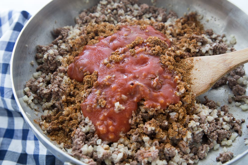 Taco Meat with Cauliflower and Ground Beef in a Pan