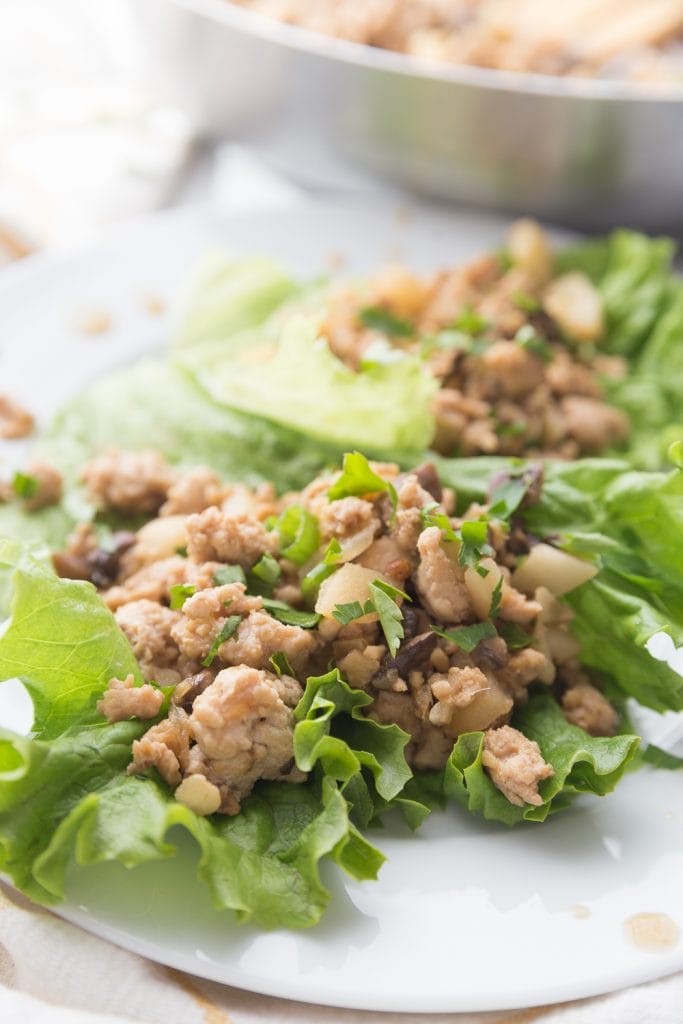 Ground chicken and veggie lettuce wraps on a white plate, from the side angle- a pan in the background