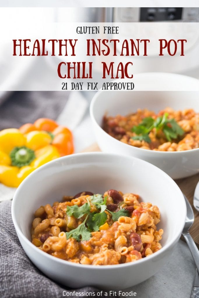 This Healthy Instant Pot Chili Mac is the perfect pairing of two of my favorite meals:  chili and mac and cheese.  Perfectly portioned for the 21 Day Fix, and gluten-free, too!  This is a healthy meal for the whole family! Healthy Instant Pot | Instant Pot Chili Mac | 21 Day Fix Chili Mac | 21 Day Fix Recipes | 21 Day Fix Instant Pot Recipes | Portion Fix #healthyinstantpot #confessionsofafitfoodie #21dayfixrecipes #21df