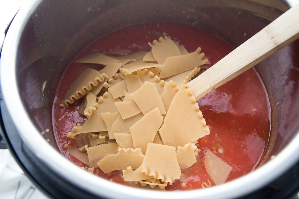 Instant Pot Lasagna Soup with pieces of bite size broken up lasagna noodles