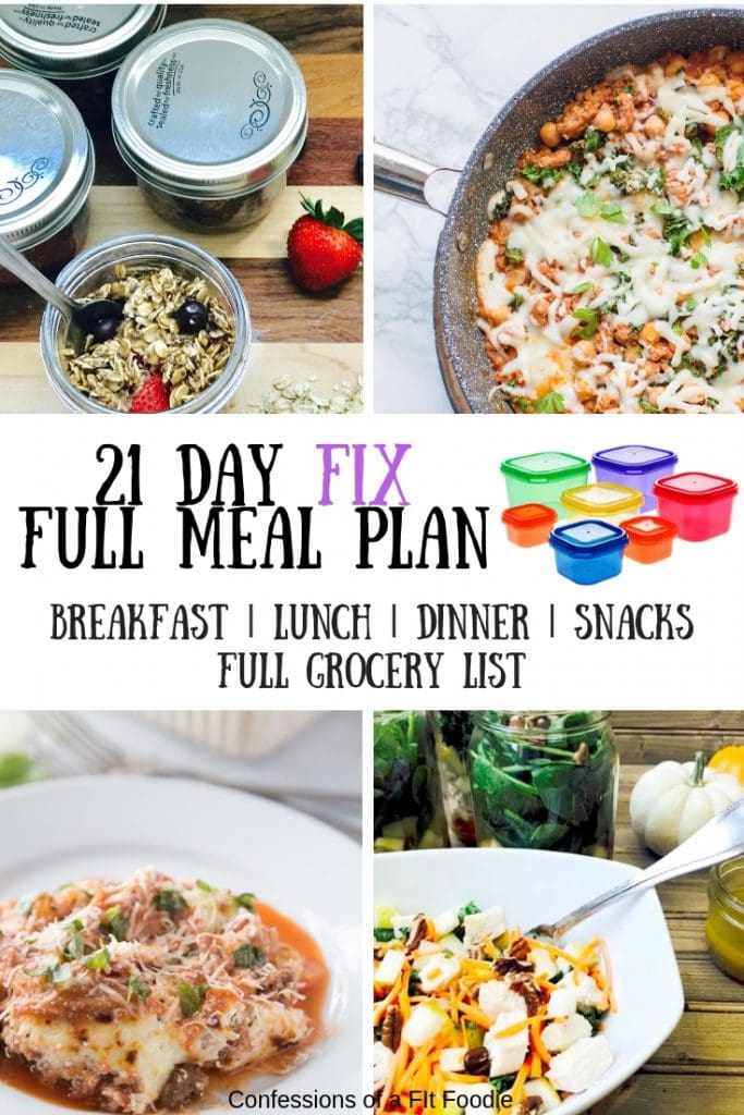 Photo Collage with text overlay 21 Day Fix Full Meal Plan with breakfast lunch dinner snacks and a full grocery list