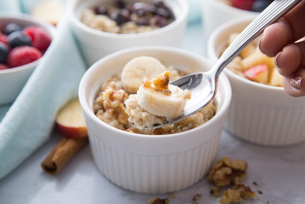 Instant Pot Steel Cut Oats topped with bananas and walnuts