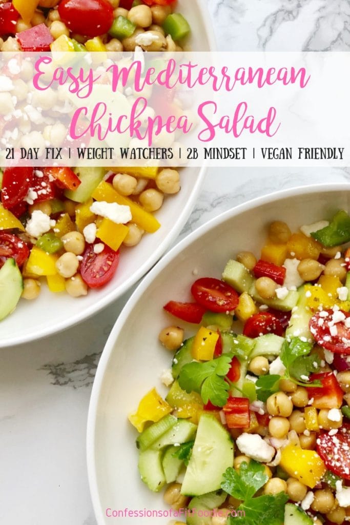 This Easy Gluten-free Mediterranean Chickpea Salad is one of my favorite things to whip up for meal prep, lunches, or a summer potluck!  Filled with delicious veggie goodness, it's perfect for the 21 Day Fix, Weight Watchers, or the 2B Mindset! It's also Vegan/Vegetarian friendly! Healthy Summer Potluck Salad | 21 Day Fix Greek Salad | 21 day Fix Chickpeas | Weight Watchers Chickpea Salad #confessionsofafitfoodie #ultimateportionfix #21dayfix #weightwatchers