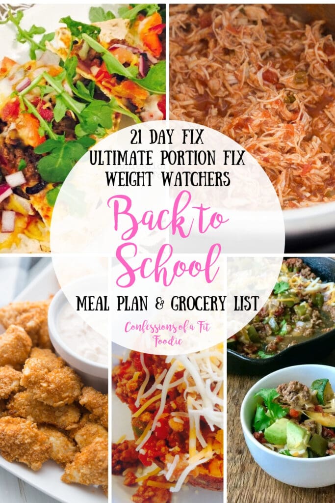 Food photo collage with the text overlay- 21 Day Fix, Ultimate Portion Fix, Weight Watchers, Back to School Meal Plan & Grocery List - Confessions of a Fit Foodie blog