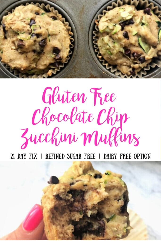 Three part photo collage. Top photo is close up of two muffins still in the tin with liners, Bottom photo is a close up of a hand holding a muffin. In the middle is a text box- Gluten Free Chocolate Chip Zucchini Muffins | 21 Day Fix | Refined Sugar Free | Dairy Free Option
