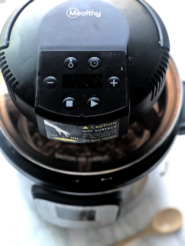 A close up of a Mealthy Crisp lid on an Instant Pot 6 quart - this amazing machine turns your Instant Pot into an Air Fryer