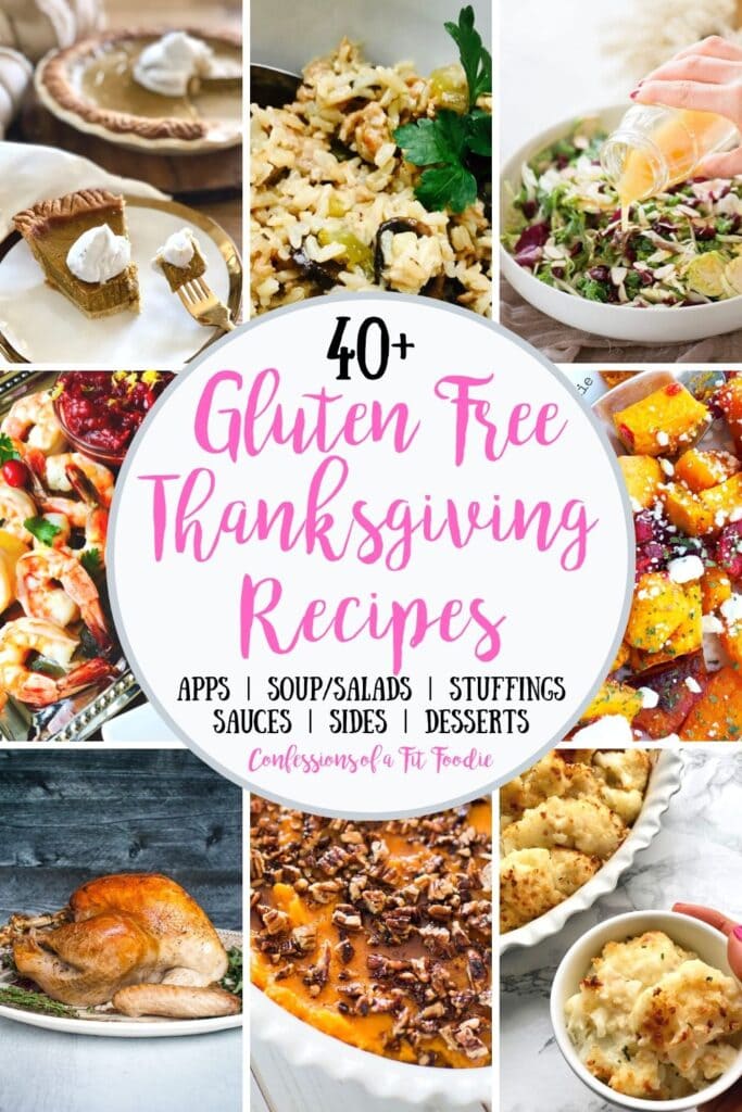 Food photo collage with pink and black text on a white circle - Gluten Free Thanksgiving Recipes