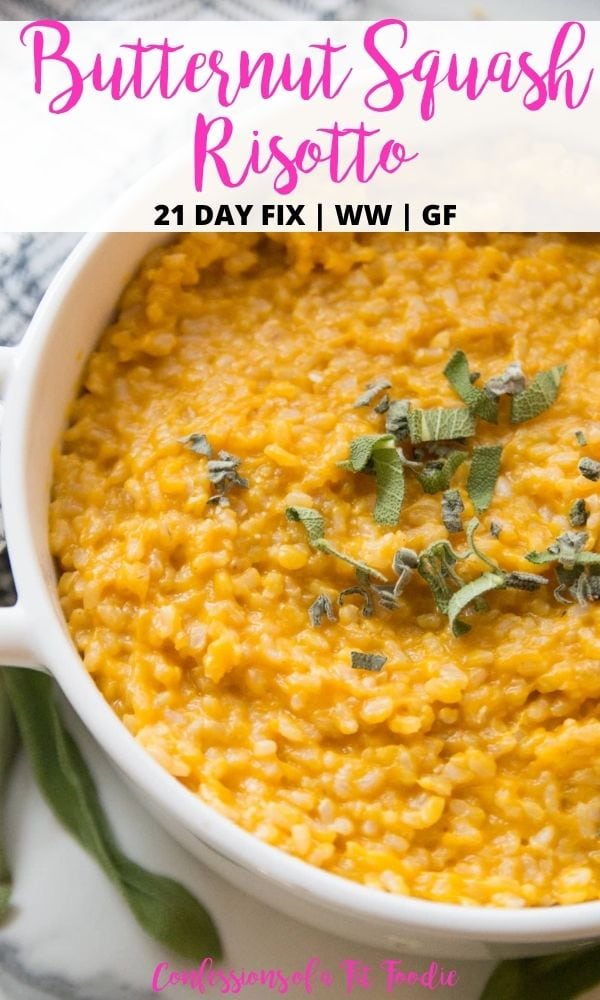 Pinterest Image with text overlay of Butternut Squash Risotto in a white bowl with fresh sage garnish