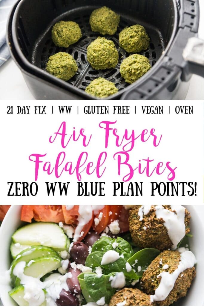 Overhead photo of large white bowl filled with Falafel bites and veggies including spinach, cucumbers, tomatoes, and olives, topped with tzatziki dressing with lemon wedges on the side; with the text overlay, 21 Day Fix | WW | Gluten Free | Vegan | Oven | Air Fryer Falafel Bites | Zero WW Blue Plan Points!