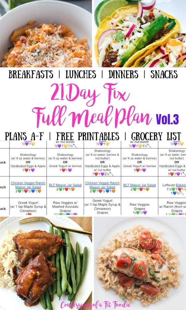 Photo Collage with text overlay 21 Day Fix Full Meal Plan with breakfast lunch dinner snacks and a full grocery list