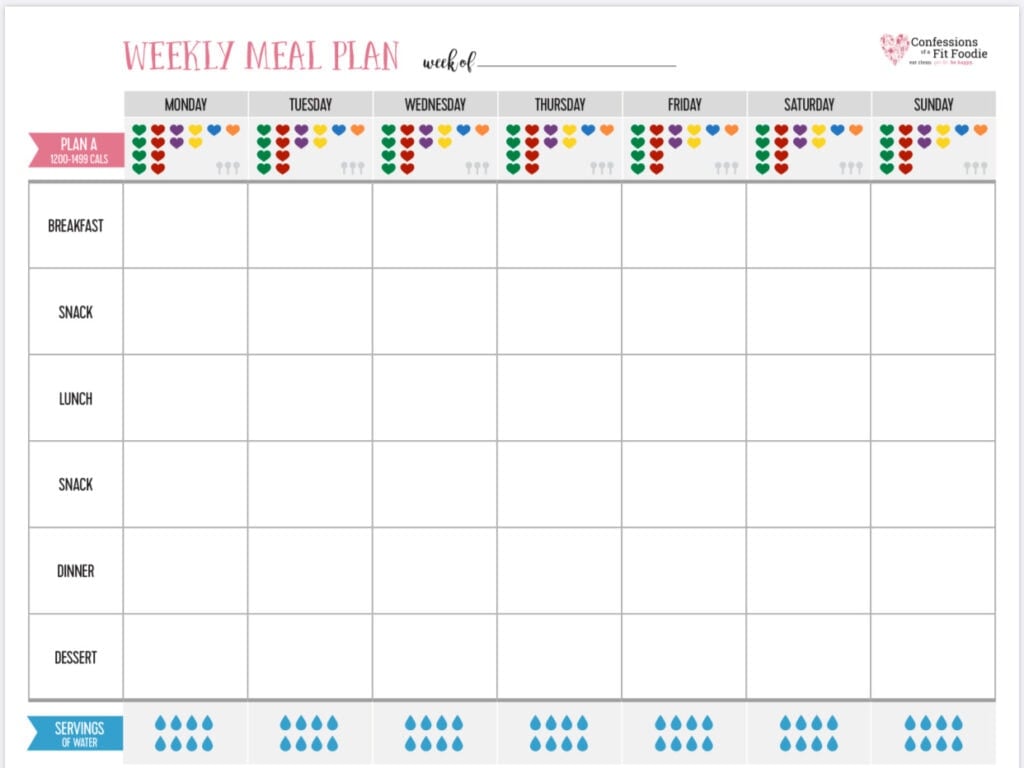 Screen shot of a 21 Day Fix Meal Planner PDF to track meals and water intake found on Confessions of a Fit Foodie blog. To track, there are color coded hearts at the top and blue water drops at the bottom with blank grids for writing meals.