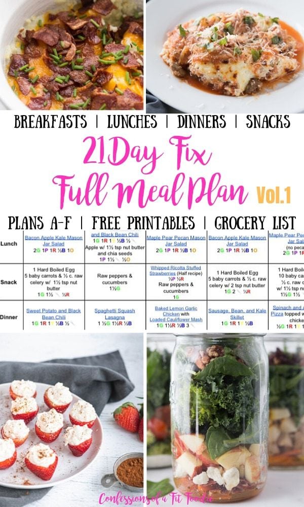 Food photo collage with black, pink, and yellow text overlay- Breakfasts | Lunches | Dinners | Snacks | 21 Day Fix Full Meal Plan Vol. 1 | Plans A-F | Free Printables | Grocery List | Confessions of a Fit Foodie