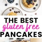Pinterest image with text overlay for gluten and dairy free pancakes with strawberries, blueberries, and chocolate chips