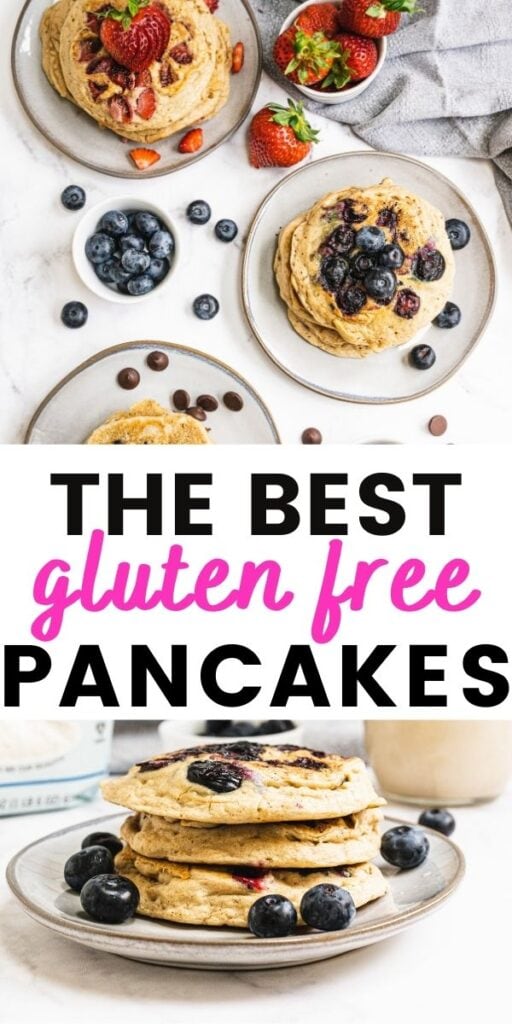 Pinterest image with text overlay for gluten and dairy free pancakes with strawberries, blueberries, and chocolate chips 