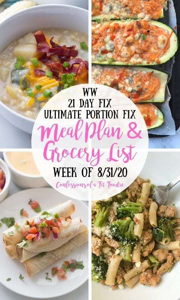 Food photo collage with black and pink text overlay on a white circle. Text says, WW | 21 Day Fix | Ultimate Portion Fix | Meal Plan & Grocery List | Week of 8/31/20 | Confessions of a Fit Foodie
