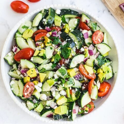 Cucumber Tomato Salad with Avocado + Feta - Confessions of a Fit Foodie