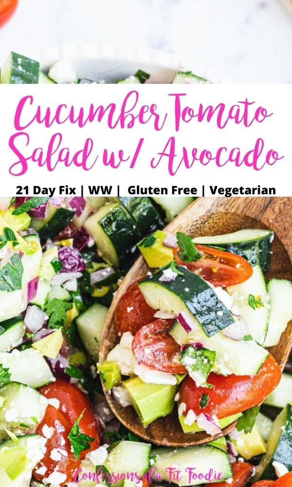 Close up photo of chopped salad on a wooden spoon with a black and pink text overlay on a white rectangle. The text overlay says, Cucumber Tomato Salad with Avocado | 21 Day Fix | WW | Gluten Free | Vegetarian | Confessions of a Fit Foodie