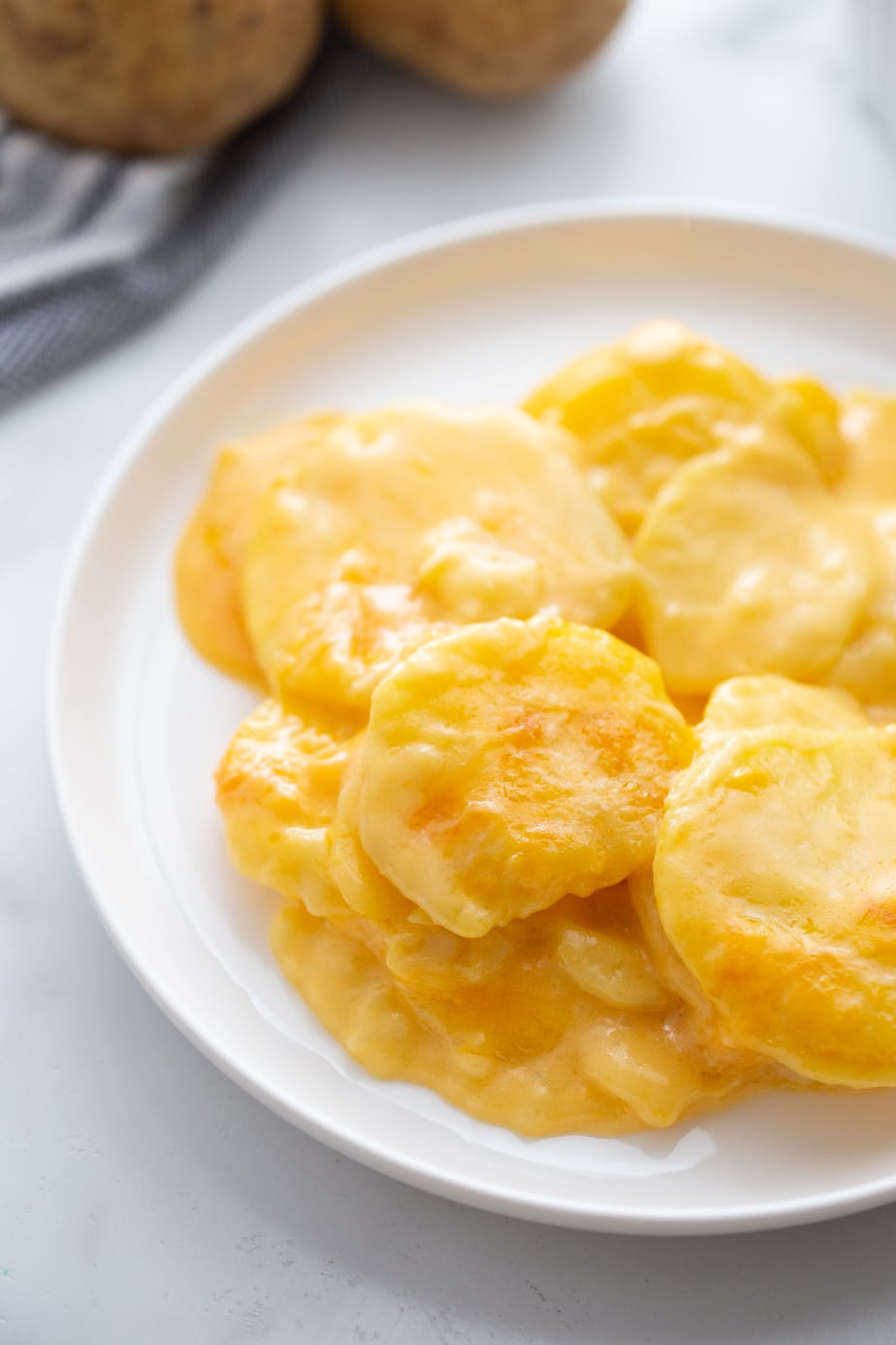Golden cheesy scalloped potatoes are served on a white plate.