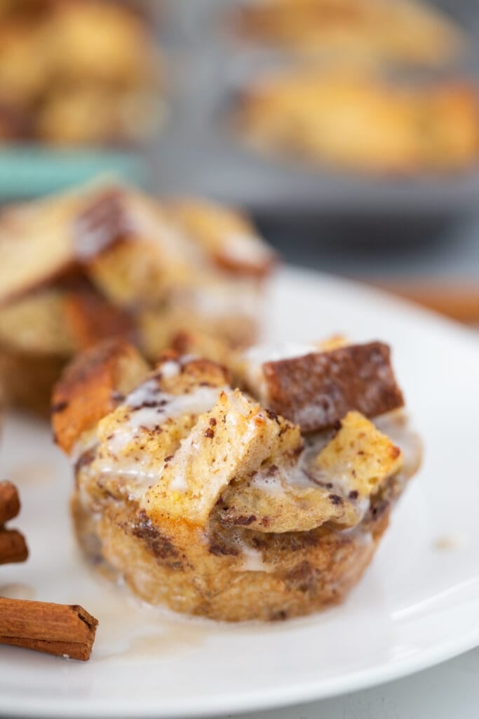 A close up shot shows the icing drizzled on the French toast muffin.