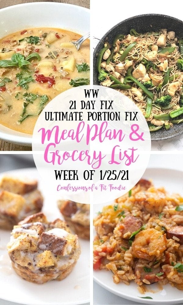 Food photo collage with black and pink text on white circle - Meal Plan & Grocery List | Week of 1/25/21 | Confessions of a Fit Foodie