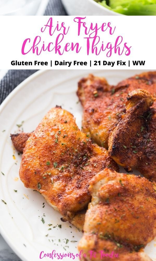 Photo of crispy air fryer chicken thighs with bright pink text overlay 