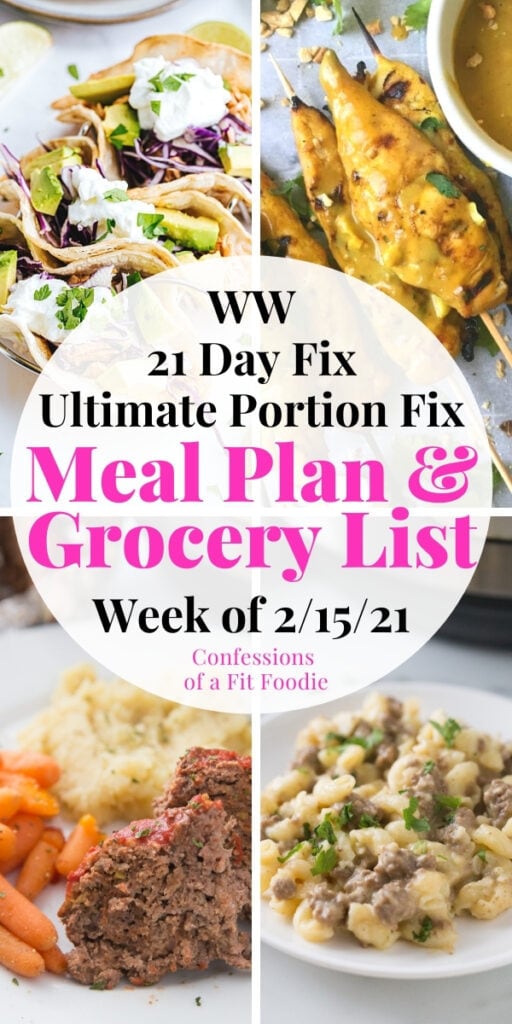 Food photo collage with black and pink text - 21 Day Fix Meal Plan & Grocery List | Week of 2/15/21 | Confessions of a Fit Foodie