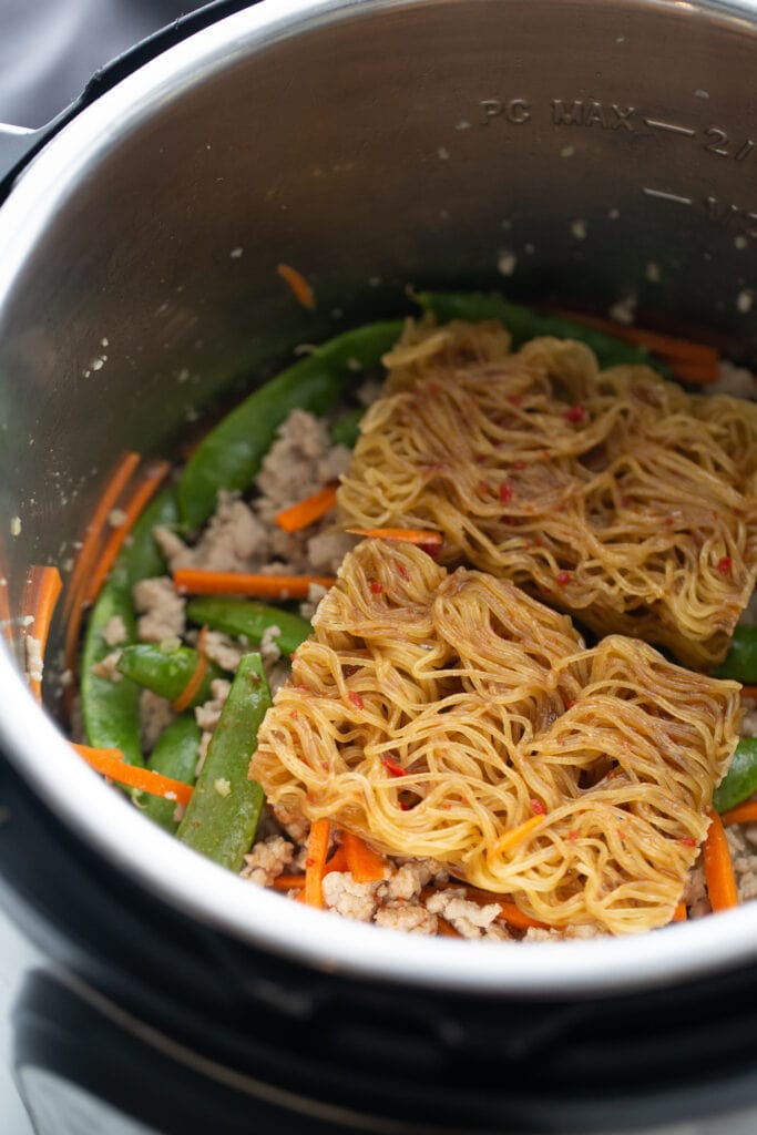 Instant Pot of Ramen Noodle stir fry, ready to cook.