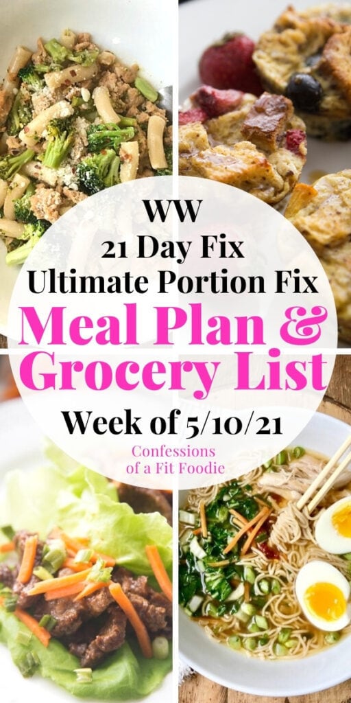 Food photo collage with black and pink text on a white circle. Text says, 21 Day Fix Meal Plan & Grocery List | Week of 5/10/21