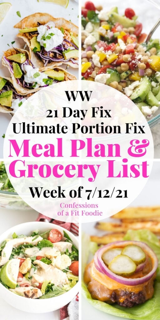 Food photo collage with black and pink text on a white circle. Text says, Meal Plan & Grocery List | Week of 7/12/21